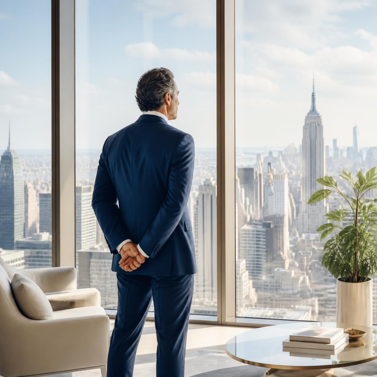 Executive overlooking a city skyline